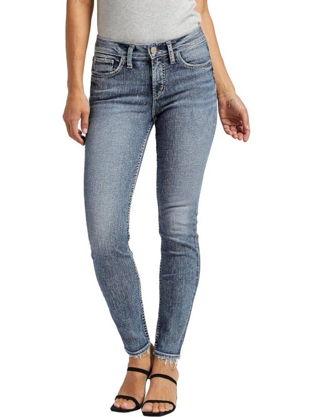 Curvy Fit Mid Rise Skinny Jeans for Women - Stylish Silver Wash Denim Pants
